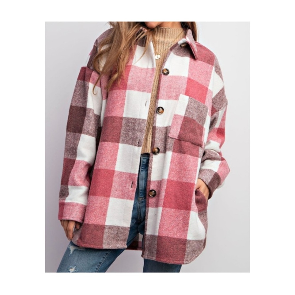 Pink and White Plaid Button-Up Shirt Jacket 🧥 👚